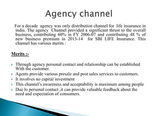 For a decade agency was only distribution channel for life insurance in
india. The agency Channel provided a significant thrust to the overall
business, contributing 60% in FY 2006-07 and contributing 48 % of
new business premium in 2013-14 for SBI LIFE Insurance. This
channel has various merits :
Merits :-
 Through agency personal contact and relationship can be established
With the customer.
 Agents provide various presale and post sales services to customers.
 It involves no capital investment
 This channel’s awareness and acceptability is maximum among people
 Due lo personal contact ,it can provide valuable feedback about the
need and expectation of consumers.
 