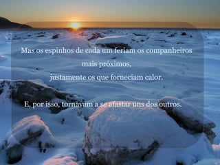 Mas os espinhos de cada um feriam os companheiros
mais próximos,
justamente os que forneciam calor.

E, por isso, tornavam a se afastar uns dos outros.

 