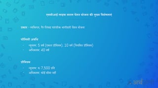 एसबीआई लाइफ सारल पेंशन योजना की मुख्य ववशेषताएं
प्रकार - व्यनिगत, गैर-नलिंक्ड पारिंपररक भागीदारी पेंश योि ा
पॉवलसी अववि
- न्यू तम: 5 वर्च (एकल प्रीनमयम), 10 वर्च (न यनमत प्रीनमयम)
- अनिकतम: 40 वर्च
प्रीवमयम
- न्यू तम: रु। 7,500 प्रनत
- अनिकतम: कोई सीमा हीं
 