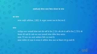 एसबीआई जीवन सरल पेंशन योजना के लाभ
कर लाभ
- ग्राहक आईटी अनिन यम, 1961 के अ ुसार आयकर लाभ के नलए पात्र हैं
लाभ
- गारिंटीकृत सरल प्रत्यावती बो स पहले ती वर्ों के नलए 2.5% और शेर् दो वर्ों के नलए 2.75% की
पेशकश की िाती है। उसके बाद सरल प्रत्यावती बो स घोनर्त नकया िाएगा।
- ग्राहक 70 साल तक अप ी वशीकरण नतनि टाल सकते हैं।
- ग्राहक पसिंदीदा टमच राइडर के माध्यम से अनतररि िीव कवर का नवकल्प भी र्ु सकते हैं।
 
