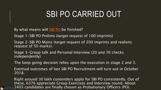 SBI PO CARRIED OUT
By what means will SBI PO be finished?
Stage 1-SBI PO Prelims (target request of 100 imprints)
Stage 2-SBI PO Mains (target request of 200 imprints and realistic
request of 50 marks).
Stage 3-Group talk and Personal Interview (20 and 30 checks
independently)
The keep going decision relies upon the execution in stage 2 and 3.
Eventual outcomes of last SBI PO Recruitment will turn out in October
2018.
Right around 30 lakh contenders apply for SBI PO consistently. Out of
these, 6376 appreciate Group Exercises and Interview round. About
2403 candidates are finally chosen as Probationary Officers (PO).
 