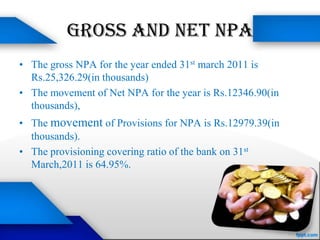 Gross And NET NPA
• The gross NPA for the year ended 31st march 2011 is
  Rs.25,326.29(in thousands)
• The movement of Net NPA for the year is Rs.12346.90(in
  thousands),
• The movement of Provisions for NPA is Rs.12979.39(in
  thousands).
• The provisioning covering ratio of the bank on 31st
  March,2011 is 64.95%.
 