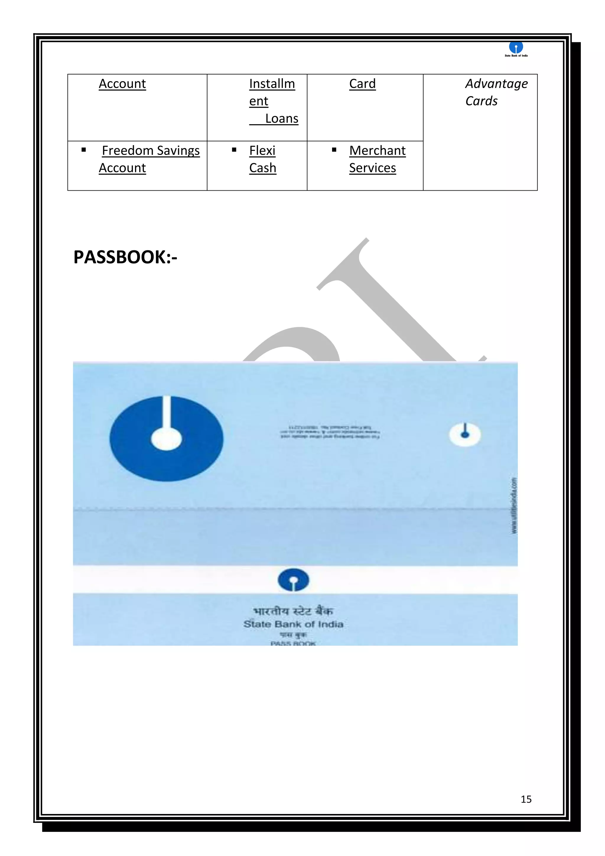 15
Account Installm
ent
Loans
Card Advantage
Cards
 Freedom Savings
Account
 Flexi
Cash
 Merchant
Services
PASSBOOK:-
 