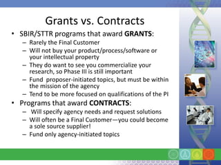 Grants vs. Contracts
• SBIR/STTR programs that award GRANTS:
   – Rarely the Final Customer
   – Will not buy your product/process/software or
     your intellectual property
   – They do want to see you commercialize your
     research, so Phase III is still important
   – Fund proposer-initiated topics, but must be within
     the mission of the agency
   – Tend to be more focused on qualifications of the PI
• Programs that award CONTRACTS:
   – Will specify agency needs and request solutions
   – Will often be a Final Customer—you could become
     a sole source supplier!
   – Fund only agency-initiated topics
 