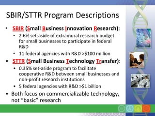 SBIR/STTR Program Descriptions
• SBIR (Small Business Innovation Research):
  • 2.6% set-aside of extramural research budget
    for small businesses to participate in federal
    R&D
  • 11 federal agencies with R&D >$100 million
• STTR (Small Business Technology Transfer):
  • 0.35% set-aside program to facilitate
    cooperative R&D between small businesses and
    non-profit research institutions
  • 5 federal agencies with R&D >$1 billion
• Both focus on commercializable technology,
  not “basic” research
 