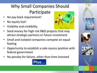 Why Small Companies Should
            Participate
• No pay-back requirement!
• No equity lost!
• Visibility and credibility
• Seed money for high risk R&D projects that may
  attract strategic partners or future investment
• Small and isolated companies compete on equal
  footing
• Opportunity to establish a sole-source position with
  federal government
• No penalty for failure, other than time invested
                      Plus…
 