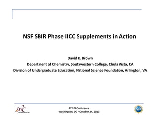 NSF SBIR Phase IICC Supplements in Action
David R. Brown
Department of Chemistry, Southwestern College, Chula Vista, CA
Division of Undergraduate Education, National Science Foundation, Arlington, VA

ATE PI Conference
Washington, DC – October 24, 2013

 