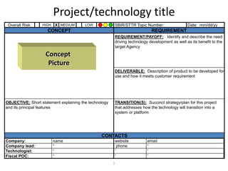 1
Project/technology title
Overall Risk: HIGH X MEDIUM LOW SBIR/STTR Topic Number: Date: mm/dd/yy
CONCEPT REQUIREMENT
REQUIREMENT/PAYOFF: Identify and describe the need
driving technology development as well as its benefit to the
target Agency
DELIVERABLE: Description of product to be developed for
use and how it meets customer requirement
OBJECTIVE: Short statement explaining the technology
and its principal features
TRANSITION(S): Succinct strategy/plan for this project
that addresses how the technology will transition into a
system or platform
CONTACTS
Company: name website email
Company lead: “ phone “
Technologist: “ “ “
Fiscal POC: “ “ “
Concept
Picture
 