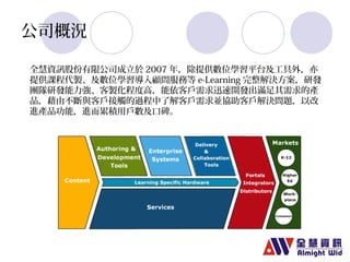 公司概況 
全慧資訊股份有限公司成立於2007年，除提供數位學習平台及工具外，亦 
提供課程代製、及數位學習導入顧問服務等e-Learning完整解決方案，研發 
團隊研發能力強、客製化程度高，能依客戶需求迅速開發出滿足其需求的產 
品，藉由不斷與客戶接觸的過程中了解客戶需求並協助客戶解決問題，以改 
進產品功能，進而累積用戶數及口碑。 
 
