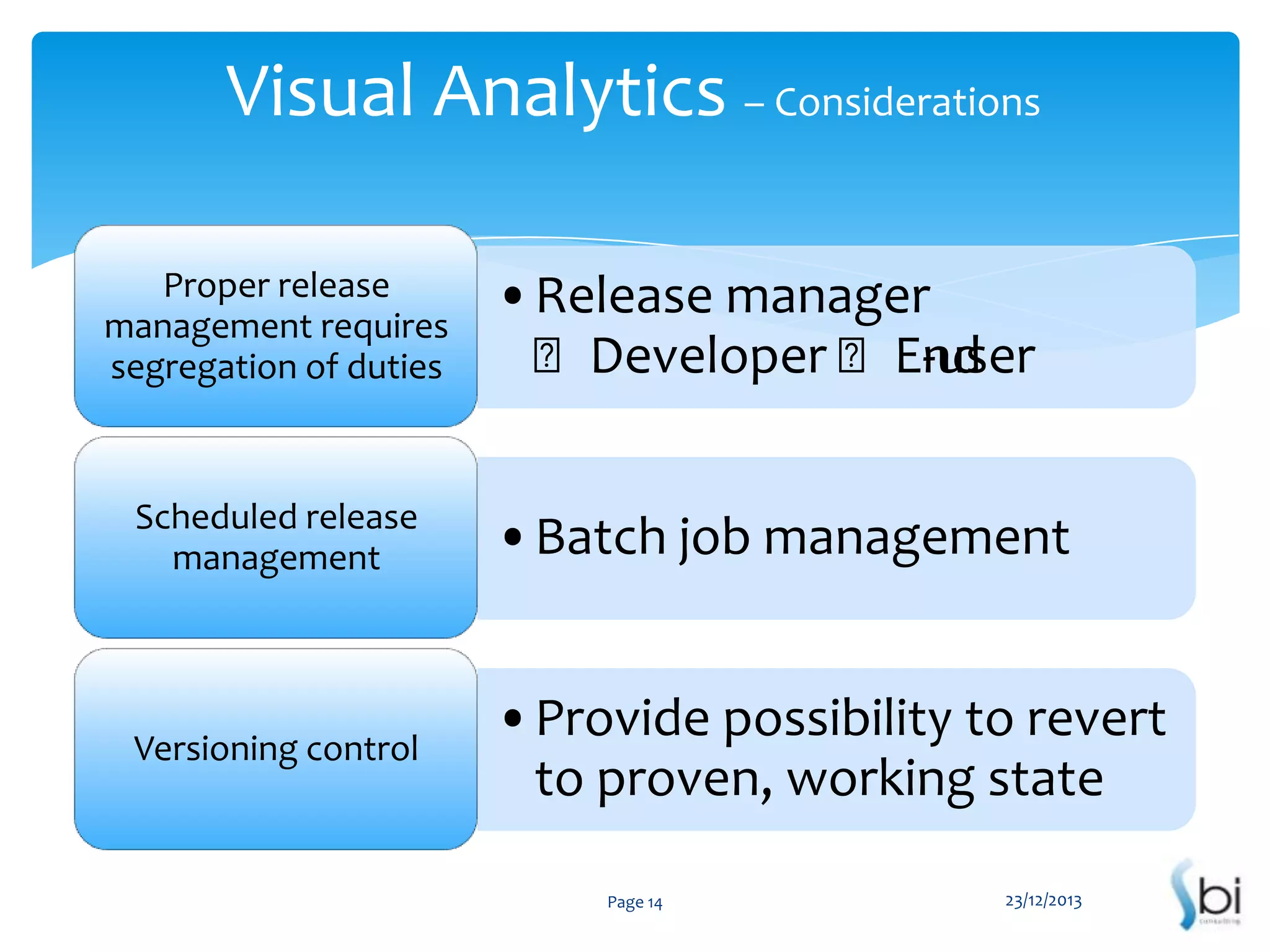 Visual Analytics – Considerations
Proper release
management requires
segregation of duties

•Release manager
⬌Developer ⬌End
-user

Scheduled release
management

•Batch job management

Versioning control

•Provide possibility to revert
to proven, working state
Page 14

23/12/2013

 