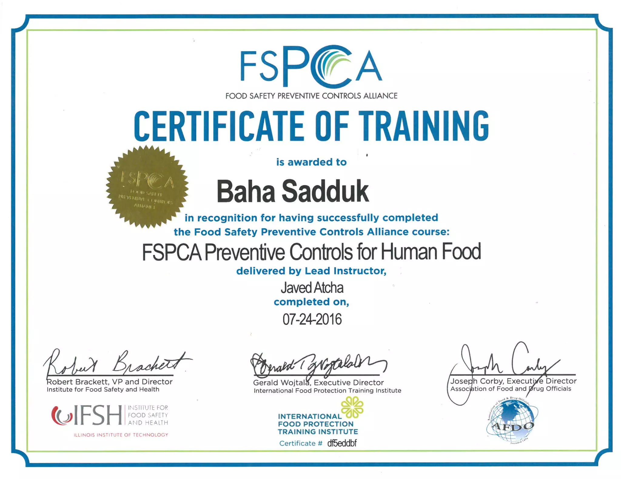FSPCA Certificate of Training | PDF