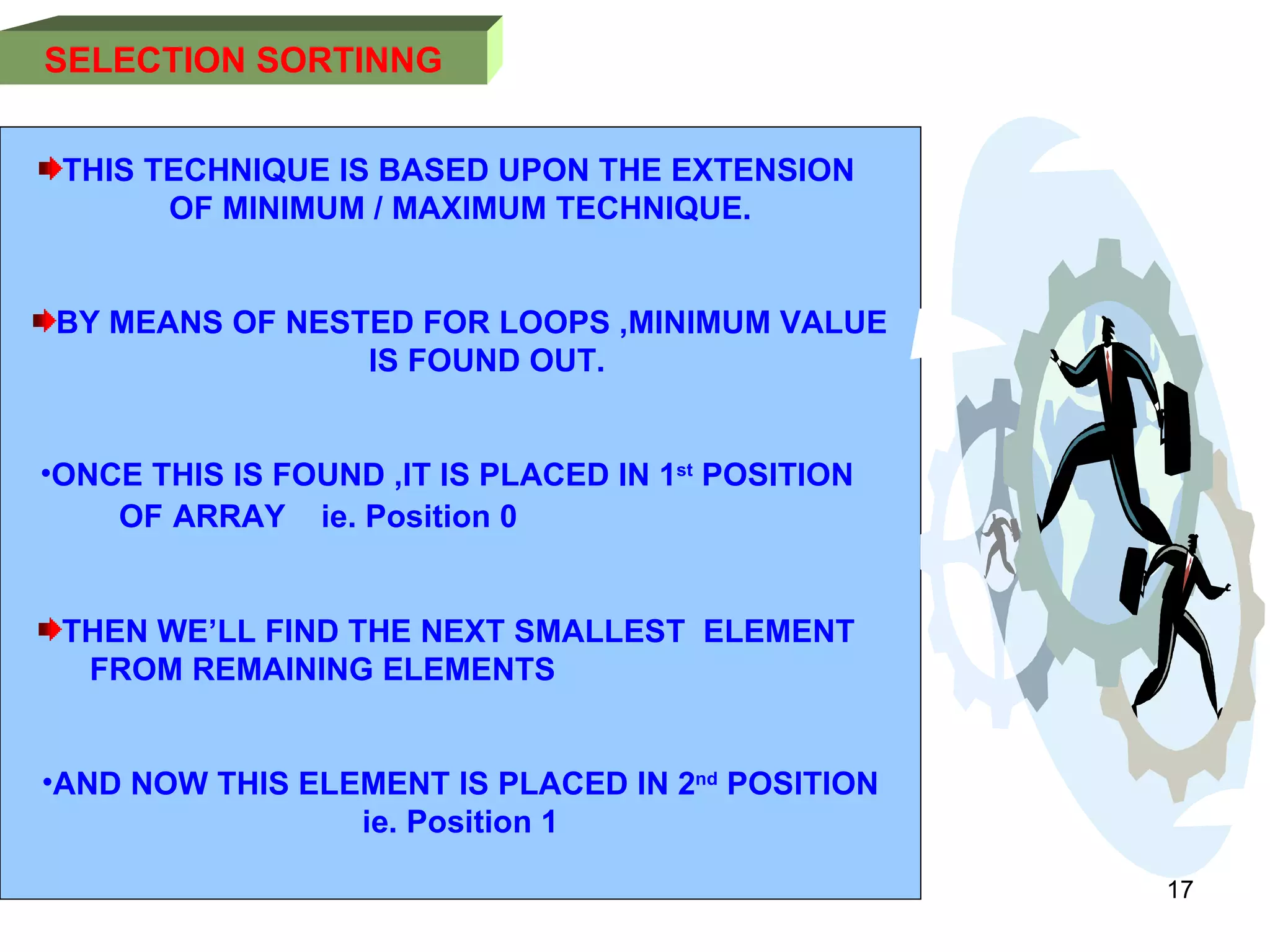 11/01/11 SELECTION   SORTINNG THIS TECHNIQUE IS BASED UPON THE EXTENSION  OF MINIMUM / MAXIMUM TECHNIQUE.  BY MEANS OF NESTED FOR LOOPS ,MINIMUM VALUE IS FOUND OUT.  ONCE THIS IS FOUND ,IT IS PLACED IN 1 st  POSITION  OF   ARRAY  ie. Position 0  THEN WE’LL FIND THE NEXT SMALLEST  ELEMENT  FROM REMAINING ELEMENTS  AND NOW THIS ELEMENT IS PLACED IN 2 nd  POSITION ie. Position 1 