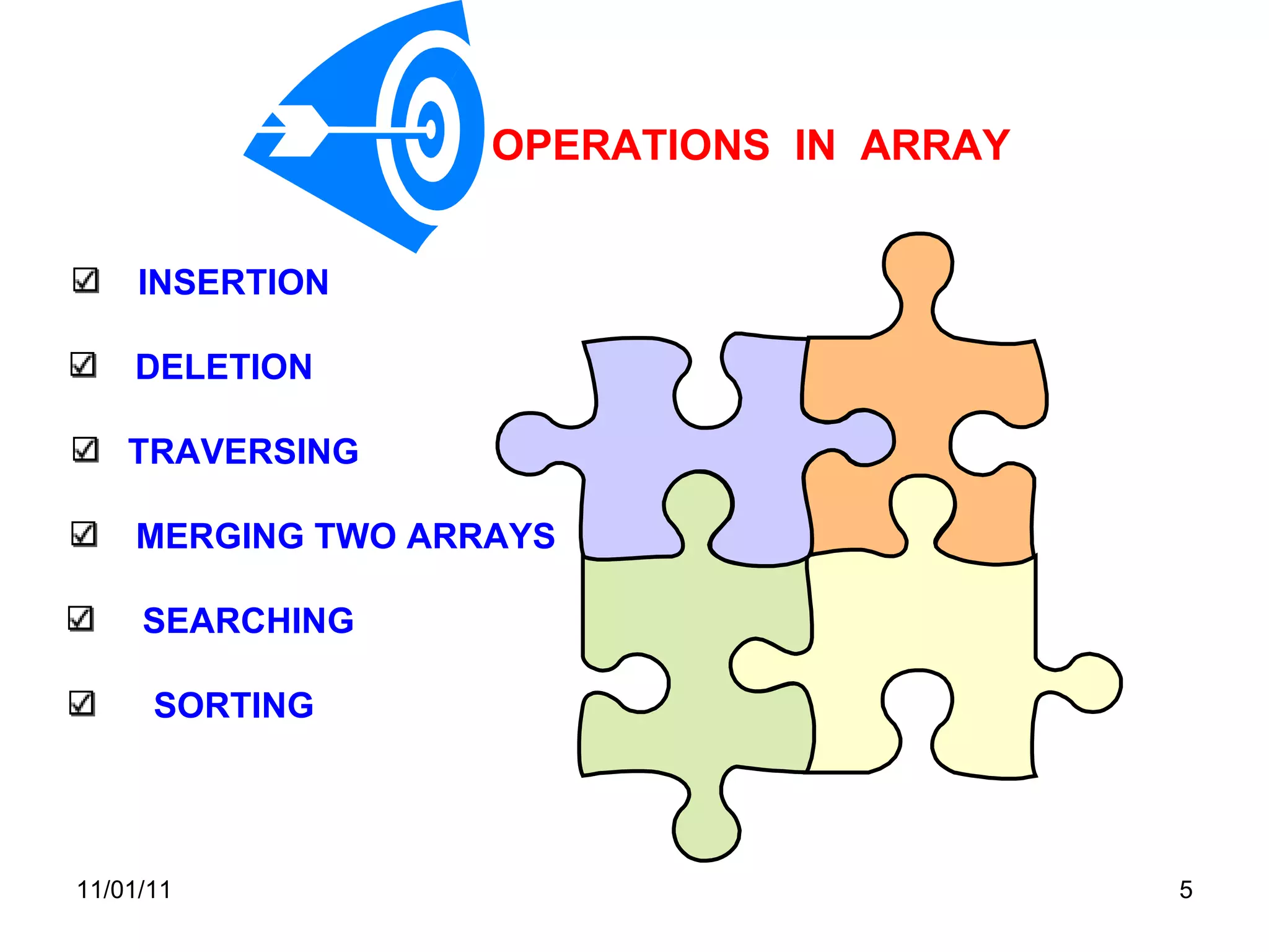 11/01/11 OPERATIONS  IN  ARRAY INSERTION  DELETION  MERGING TWO ARRAYS  TRAVERSING  SORTING  SEARCHING  