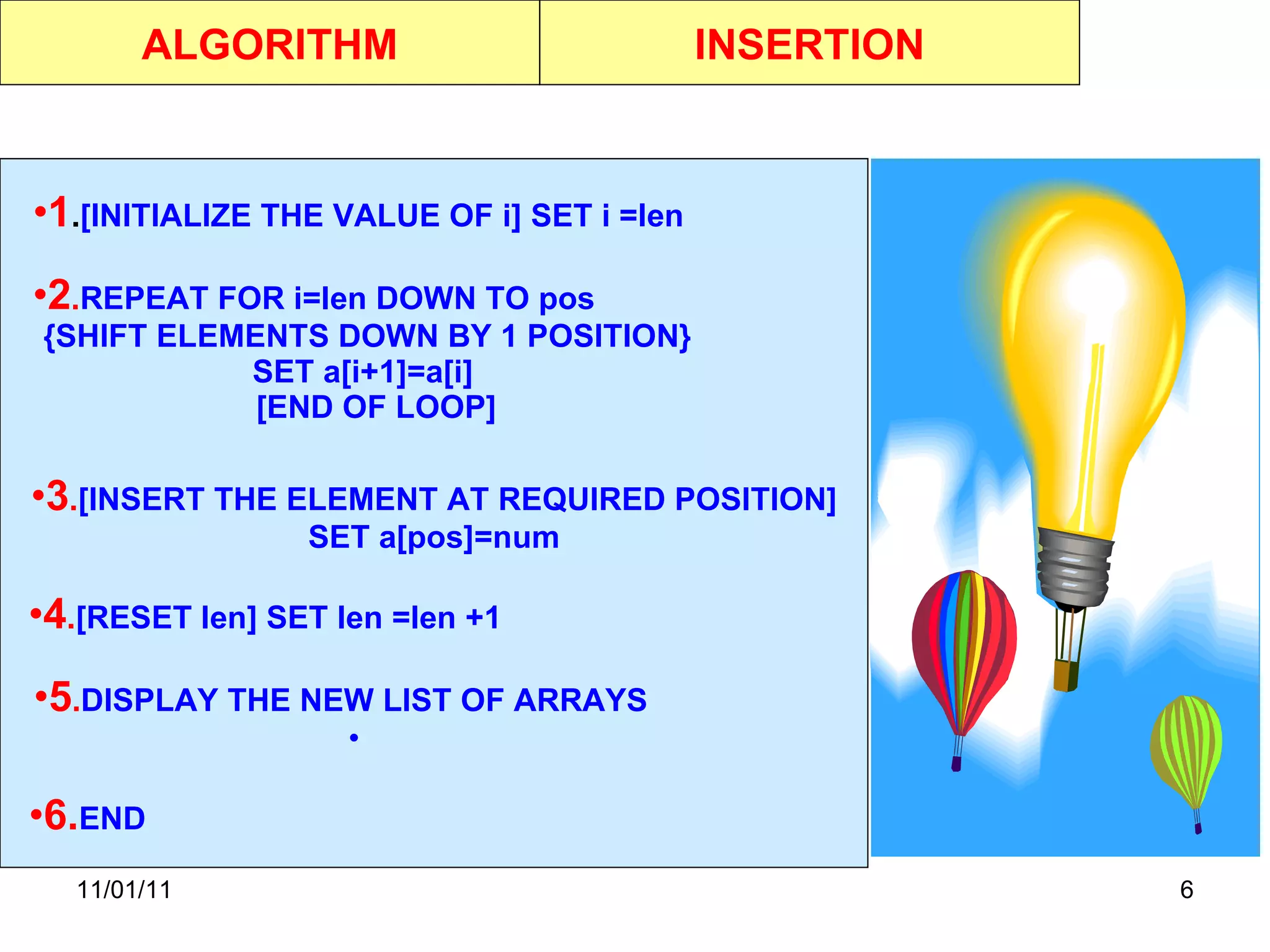 11/01/11 ALGORITHM 1 . [INITIALIZE THE VALUE OF i] SET i =len  2 . REPEAT FOR i=len DOWN TO pos  {SHIFT ELEMENTS DOWN BY 1 POSITION}  SET a[i+1]=a[i]  [END OF LOOP]  3 . [INSERT THE ELEMENT AT REQUIRED POSITION] SET a[pos]=num 4 . [RESET len] SET len =len +1  5 . DISPLAY THE NEW LIST OF ARRAYS  6. END  INSERTION 