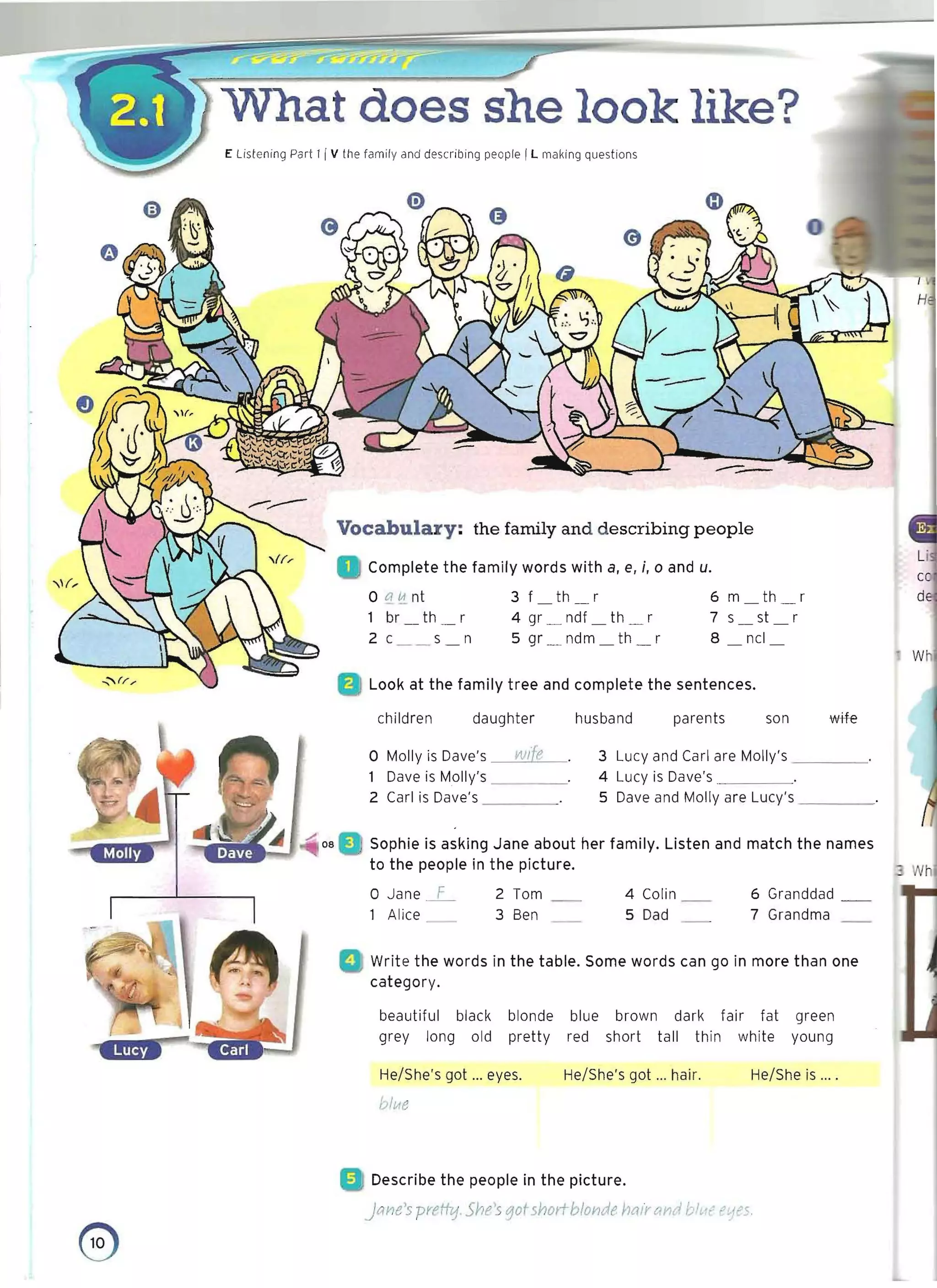 --
What does she look like? 

E Listening Part 1IV th e family and describing people IL making questions
Vocabulary: the family and d escribing people
Complete the family words with a, e, i, 0 and u.
o q!i nt 3 f th 6 m th 

1 br th 4 gr _ ndf _ th _ r 7 s st 

2 c__ s_n 5 gr ___ ndm _ th _ r 8 ncl 

Who
Look at the family tree and complete the sentences.
children daughter husband parents son wife
o Molly is Dave's Wife 3 Lucy and Carl are Molly's ____'
Dave is Molly's ____ ' 4 Lucy is Dave's .____. 

2 Carl is Dave's ____' 5 Dave and Molly are Lucy's _ ___ 

Sophie is asking Jane about her family. Listen and match the names 

to the people in the picture. 

o Jane _F_ 2 Tom 4 Colin 6 Granddad 

1 Alice 3 Ben 5 Dad 7 Grandma 

Write the words in the table. Some words can go in more than one
category.
beautiful black blonde blue brown dark fair fat green
grey long old pretty red short tall thin white youn g
He/She's got ... eyes. He/She's got .., hair, He/She is ....
blw
D Describe the people in the picture.
Jtme's prethj. She'sgotshort-blonde hairand bh1C eyes,
e 

 