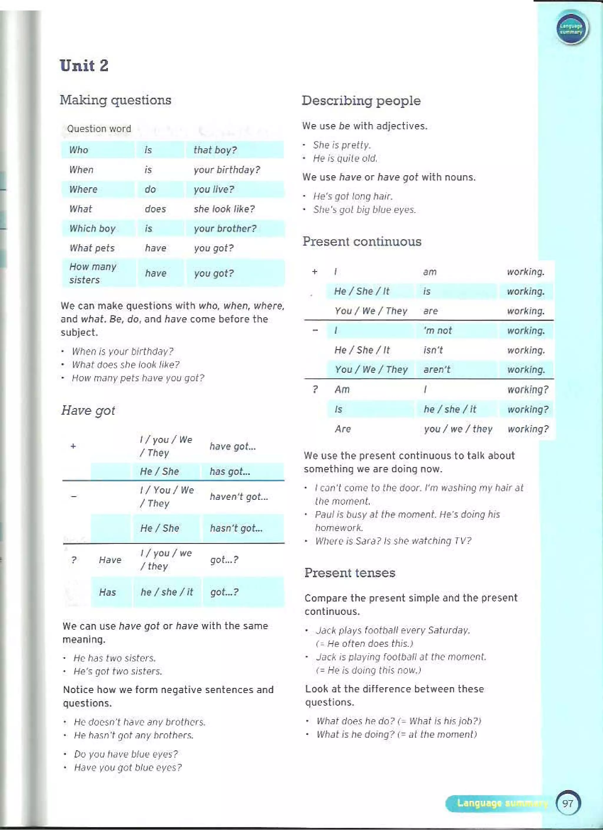 Unit 2
Making questions
Question word
w,. t~at boy?
"
Wh..n your birt~da y ?
"
Where do you live? 

Wh~t does she look like? 

Which boy your brother?

"
W~at pets ~ave you got?
How many
have you got?
slst..rs
We can make questions with who, when, where,
and what, Be. do, and have ~ome before t he
subject.
When is your birthday?
W~M does 5~e 100. li.e? 

How many pel, have you got? 

Have got
I/rou / We
• have gal..
/ They 

He / 51>.. has got... 

I/You/We
haven't '101..
/ They
H.. / She !>"sn'lgoL
I/you/we
Hav~ goL?
/ they 

he/she/it gaL ? 

"..
We can use have got or have with the same
meaninq.
He IldS two sisters.
. He', got two "." ers.
Notice how we form negative sent ences and
questions.
He doesn'1 nave any brothers.
He ha.,n ·1 got any brolhers.
Do you I,dve blue qe~ ?
Have vou got blue eves?
Describing people
We U5e be with adjedive5.
· She is pretty.
, He is quite old.
We use have or have got with nouns.
He's go/long haJr.
• She', gol big blue eyes.
Present continuous
•
,.,.. / Stu' /It
You / W.. / They
.m
"
'"
worleing.
wor~ing.
worl<ing.
'm not working.
He/ She/II isn't working.
You / We / They "ren't working.
? Am working?
hel5he/if working?
"
A" you / we / they working?
We use the pre5ent continuous to talk about
something we are doing now.
I c.ln 't come to the door. I'm wash ing my hdir at 

11)(' momen!. 

Paul is busy al the moment. He', doing hI< 

homework.
Whe,~is SMa? Is sh~ wa lching rv?
Present tenses
Comp~re the present simple and the present
continuous.
Jack plays footbali every Saturday. 

(. He ollen doe, Ihis.! 

J~cI< is playing footbali at Ihc momen!. 

( = He is dOing this now.! 

Look at the difference between these
questions.
What doe, hp do' (_ Whal i5 h" joh?)
· Whd t is he domg? (= a/Ille momen/)
 