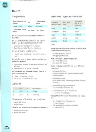 Unit 7
Conjunctions
S¥. HAts ..earlng I.'".ys "fa,
dresses jeans.
'"' 

I "f¥ ~ C0.11 ..h..n it I'told.
I often ..ear these
b<>/!",u,e I like th..m.
jeans
We use conjunctions to join two , ..nlfne..s
lo..elher.
We use . od when the sentences . re s;mil.r.
and we u ~ but when they ilre different.
S..r.. ,.~ es s~,tls "ott om. !ike, dresses.
5.),,,/lkes ,k"l.but Gt>mm" like. ~n...
We use or to give an alternative.
, I u5wlly ..e,of iI jJckel. O
f I sometimes ..eiJi ..
COd/.
We use because 10 give ill reason. and we use
so to give a resutl.
He W(lS cold ()ec" use ~e ...<1, W
C""n9 5~orl5 ~0fI
" T'shir/.
He " a5 cold so lie put on" swealer.
We use w~en ilnd if to talk about a time or a
particular situation.
I weal" CIUI ...hen ,I's COld.
· He u,wlly W ~Jrs shorls if in hoI
A pair of
.. Plural noun
"" ,,~.
• "."
"
pI)r trousers
• "
We use a pillr of when t here ilrf two thin... .
· a pair ollr,,;ners
· ~ jldir 01 000/.
We also use a pair of lor things with two parts.
it Piljr of ,un9'J..es
"piJ" ol l'ou5e'~
Verbs with -ing or 10 + infinitive
Verbs with
Verb with Verb with
-jng 0( to +
infinil.... + to 'jng
infinit ive 

..ani like stlrt 

wlWld Iik~ lov. ~in
conl/nue
.." ""­
decm. enj oy 5tOp
promise finish ,~
I.~rn
Some ~erb~ ~re followed by to ~ Infinitive. and
some afe followed by -Ing.
, ' ..anI 10 !}<l IO/~.. le,tiv(ll.
. i fj~ e g<>ing to le,/iv"ls.
With 50me verbs. both are possible. 

, SlJe 51it'11.'O" ditnciog. 

, SIIf' ,r"rlC'd 10 ""nee. 

Some ~erb s can use bolh. but have dillerent 

meanings, 

I stopped sludyifl9. 

( = I ..as shidying, Du/ Ih~n Il l appl.'O" itoo did 

somerlli"9 els~.) 

I <lOWed 10 sludy. 

(. I sloppe<:1 do<nq sometllioQ betause J ...anlNl 

10 study.) 

I r~m..m(l('r going 10 /he lestwdl. 

(~ I w~nl ~nd I remembt'l il.) 

)'cmembere4 to!}O to Ihe fesllvdl. 

(.. I did nOI I~I to 90.) 

Notice the d,lIerencO! between like and wou ld
li.f.
She li~e s planning the cos /umes. 

!- oM enjoys it) 

S ~e ..o~ld Ij~~ to />fan the cos/ume5. 

I ~ 5/"1e ..ants 10) 

e 

 