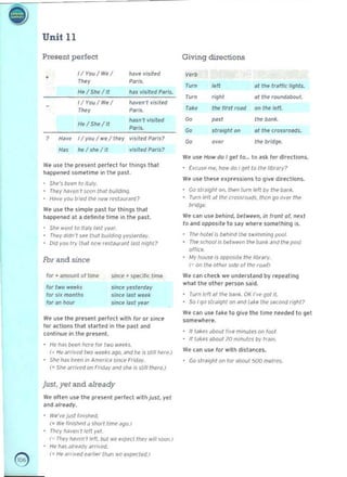 Unit 11
Present perfect
I! Y()u/We / nave visitNl
• n., PMIs.
He/She/rt hots visited P,'is.
I!Yo... / We l 11' .1'11"1 visited
Tl1e~ Paris.
He/Sht/It
11.1511'1 visited
PIt,!s.
, Ha.e 1/ you / we I they visited PilriS?
H" he I she / it visited Pllrls ?
We use the present perfect for things thai
h"p~n...d sometirnf in the Pits!.
She's been /o/lolly.
· TM y Mv~n '/ SC'('fl IIIaI l)uMmq.
• Hd vl! you If~ the " ..... rf'Sl.Jur~ "r?
We use the simpll' past for things Itlat
happened at a definite time in the put.
Shp ..~,, 'Io l/iJ/y I~~t y~ar. 

They dldn ', SN) t." at buU</,ng yeSlerdity 

Did roo Iry 1I>il1n!'", feslduranl lasl nlgh!? 

fur and since
lOt' ~ amOunt of lime since' specific time
for two weeh since yesterd,y
for six months slrn;, I"s/ "et'k
for 1111 hour since last re'"
We use the present perfect with for or since
for iletions that s!<lfted in Ihfo past and
,on t in~e in tilt present.
He ","$ b!'l1 ~ here for lwo ...ee/o;s. 

(~ He ar(lY('d 1"'0 ...ee~s ago. and ile is s(il/ /lere-.) 

She /).)S b('('u in Americ~ Sinn' Fridily. 

(: Sh(' ~"ived on FridiJy and she i5 slilllh('(foJ 

Just, yet and already
We often use t he present perle-d with juS!. yet
and already.
we've Just finjlhe(1. 

(: We finisnNJ ~ shotll'me ¥.I 

rncr na~ell'f lert yel. 

I' T~e y NyeM/elr. bul ...e e~Pf'Cllney will ~OO<I.) 

He ililS J lrp~(1y arrivf>C. 

e (. He ilflived e"r/,..,.'h,m we e-xp~cted.!
Giving directions
Verb 

Turn left at t/le Iraffic lights. 

Turn right at the rO(lnd~bout. 

on tile ,.ft.
Take the first fOlld
,,.,,,
"
Go the b.Jnk. 

straight on at tile crossroads. 

Go om the bridge.
We (lse How do I get 10... to ask lor directions.
· Excuse mi'. hOW do /get to ' hellOl"ary7
Wfo USt these u preu ions 10 g i ~e dlre-ctions.
Go straigM 011. Ihe-n lurn leI/ by the /)dnl;.
· Turn 1(>11 <lIthe cros~rOdd5. then go o~{>( Ihe
bridge.
Wfo can ~$" behind, belw('en, in (ro,,1 of. "ext
t() and opposite 10 say where something is_
Th~ Itolel is behind tlJe swimming pOOI_ 

n,e scllool '5 betwef'(j Ihe w nle ana lile pOst 

office. 

My Il<xise is ilpPQ5itf' Ille library. 

(= on Ill.. otll~, Side of thl' road) 

We C8n c h et~ we understand bV f e-peat ing
what t /l(o oth~r pf'rson ~id.
• 1urn I~ ft at Ihe banI<. OK !"vfo got it.
• So Igo sj,aig~1 or> and I"k.. the second fight?
We tan uw t"ke 10 give the l ime needed to 9411
someWherfo.
IIlak..~ "bout fi ve ml~uje5 on loot
It Idk..s about 20 minutes by tram.
W.. <"n U~fo for wilh dislilnces.
• Go sIraigl>t on lor about 500 m(>lres.
 