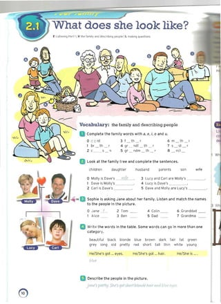 --
What does she look like? 

E Listening Part 1IV th e family and describing people IL making questions
Vocabulary: the family and d escribing people
Complete the family words with a, e, i, 0 and u.
o q!i nt 3 f th 6 m th 

1 br th 4 gr _ ndf _ th _ r 7 s st 

2 c__ s_n 5 gr ___ ndm _ th _ r 8 ncl 

Who
Look at the family tree and complete the sentences.
children daughter husband parents son wife
o Molly is Dave's Wife 3 Lucy and Carl are Molly's ____'
Dave is Molly's ____ ' 4 Lucy is Dave's .____. 

2 Carl is Dave's ____' 5 Dave and Molly are Lucy's _ ___ 

Sophie is asking Jane about her family. Listen and match the names 

to the people in the picture. 

o Jane _F_ 2 Tom 4 Colin 6 Granddad 

1 Alice 3 Ben 5 Dad 7 Grandma 

Write the words in the table. Some words can go in more than one
category.
beautiful black blonde blue brown dark fair fat green
grey long old pretty red short tall thin white youn g
He/She's got ... eyes. He/She's got .., hair, He/She is ....
blw
D Describe the people in the picture.
Jtme's prethj. She'sgotshort-blonde hairand bh1C eyes,
e 

 