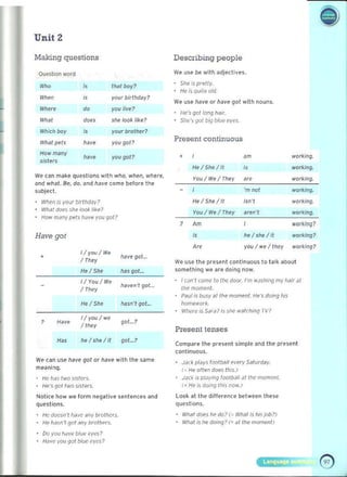 Unit 2
Making questions
Question word
w,. t~at boy?
"
Wh..n your birt~da y ?
"
Where do you live? 

Wh~t does she look like? 

Which boy your brother?

"
W~at pets ~ave you got?
How many
have you got?
slst..rs
We can make questions with who, when, where,
and what, Be. do, and have ~ome before t he
subject.
When is your birthday?
W~M does 5~e 100. li.e? 

How many pel, have you got? 

Have got
I/rou / We
• have gal..
/ They 

He / 51>.. has got... 

I/You/We
haven't '101..
/ They
H.. / She !>"sn'lgoL
I/you/we
Hav~ goL?
/ they 

he/she/it gaL ? 

"..
We can use have got or have with the same
meaninq.
He IldS two sisters.
. He', got two "." ers.
Notice how we form negative sent ences and
questions.
He doesn'1 nave any brothers.
He ha.,n ·1 got any brolhers.
Do you I,dve blue qe~ ?
Have vou got blue eves?
Describing people
We U5e be with adjedive5.
· She is pretty.
, He is quite old.
We use have or have got with nouns.
He's go/long haJr.
• She', gol big blue eyes.
Present continuous
•
,.,.. / Stu' /It
You / W.. / They
.m
"
'"
worleing.
wor~ing.
worl<ing.
'm not working.
He/ She/II isn't working.
You / We / They "ren't working.
? Am working?
hel5he/if working?
"
A" you / we / they working?
We use the pre5ent continuous to talk about
something we are doing now.
I c.ln 't come to the door. I'm wash ing my hdir at 

11)(' momen!. 

Paul is busy al the moment. He', doing hI< 

homework.
Whe,~is SMa? Is sh~ wa lching rv?
Present tenses
Comp~re the present simple and the present
continuous.
Jack plays footbali every Saturday. 

(. He ollen doe, Ihis.! 

J~cI< is playing footbali at Ihc momen!. 

( = He is dOing this now.! 

Look at the difference between these
questions.
What doe, hp do' (_ Whal i5 h" joh?)
· Whd t is he domg? (= a/Ille momen/)
 