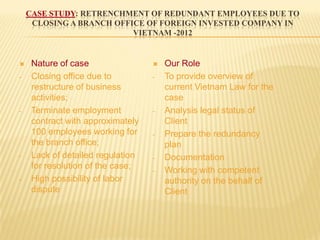 CASE STUDY: RETRENCHMENT OF REDUNDANT EMPLOYEES DUE TO
CLOSING A BRANCH OFFICE OF FOREIGN INVESTED COMPANY IN
VIETNAM -2012
 Nature of case
- Closing office due to
restructure of business
activities;
- Terminate employment
contract with approximately
100 employees working for
the branch office;
- Lack of detailed regulation
for resolution of the case;
- High possibility of labor
dispute
 Our Role
- To provide overview of
current Vietnam Law for the
case
- Analysis legal status of
Client
- Prepare the redundancy
plan
- Documentation
- Working with competent
authority on the behalf of
Client
 