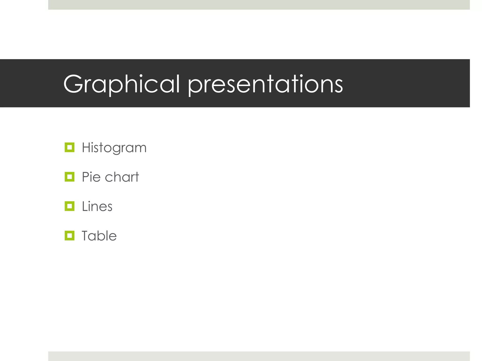 Graphical presentations
 Histogram
 Pie chart
 Lines
 Table
 
