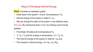 Ways of Changing Internal Energy
Work: Consider an adiabatic system
• Initial state of the system = A and its temperature =TA.
• Internal energy of the system in state A = UA.
• We can change the state of the system in two different ways.
One way: By mechanical work (1 kJ):- by rotating a set of small
paddles
• Final State =B state and its temperature=TB.
• if TB > TA and the change in temperature, DT = TB–TA.
• The internal energy of the system in state B = UB and
• The change in internal energy, DU =UB– UA =Wad.
 