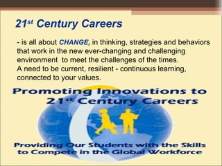 21st
Century Careers
- is all about CHANGE, in thinking, strategies and behaviors
that work in the new ever-changing and challenging
environment to meet the challenges of the times.
A need to be current, resilient - continuous learning,
connected to your values.
 