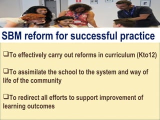 To effectively carry out reforms in curriculum (Kto12)
To assimilate the school to the system and way of
life of the community
To redirect all efforts to support improvement of
learning outcomes
SBM reform for successful practice
 