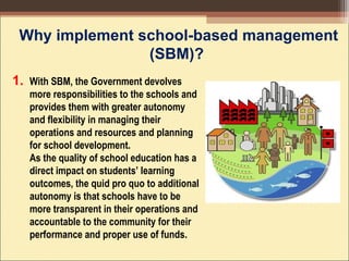 With SBM, the Government devolves
more responsibilities to the schools and
provides them with greater autonomy
and flexibility in managing their
operations and resources and planning
for school development.
As the quality of school education has a
direct impact on students’ learning
outcomes, the quid pro quo to additional
autonomy is that schools have to be
more transparent in their operations and
accountable to the community for their
performance and proper use of funds.
Why implement school-based management
(SBM)?
1.
 