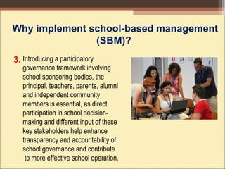 Introducing a participatory
governance framework involving
school sponsoring bodies, the
principal, teachers, parents, alumni
and independent community
members is essential, as direct
participation in school decision-
making and different input of these
key stakeholders help enhance
transparency and accountability of
school governance and contribute
to more effective school operation.
Why implement school-based management
(SBM)?
3.
 