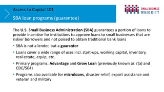 The U.S. Small Business Administration (SBA) guarantees a portion of loans to
provide incentive for institutions to approve loans to small businesses that are
riskier borrowers and not poised to obtain traditional bank loans
• SBA is not a lender, but a guarantor
• Loans cover a wide range of uses incl. start-ups, working capital, inventory,
real estate, equip, etc.
• Primary programs: Advantage and Grow Loan (previously known as 7(a) and
CDC/504)
• Programs also available for microloans, disaster relief, export assistance and
veteran and military
SBA loan programs (guarantee)
Access to Capital 101
 