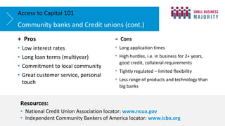 + Pros
• Low interest rates
• Long loan terms (multiyear)
• Commitment to local community
• Great customer service, personal
touch
Community banks and Credit unions (cont.)
Access to Capital 101
Resources:
• National Credit Union Association locator: www.ncua.gov
• Independent Community Bankers of America locator: www.icba.org
– Cons
• Long application times
• High hurdles, i.e. in business for 2+ years,
good credit, collateral requirements
• Tightly regulated – limited flexibility
• Less range of products and technology than
big banks
 