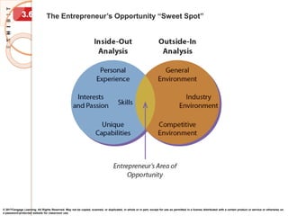 © 2017Cengage Learning. All Rights Reserved. May not be copied, scanned, or duplicated, in whole or in part, except for use as permitted in a license distributed with a certain product or service or otherwise on
a password-protected website for classroom use.
The Entrepreneur’s Opportunity “Sweet Spot”
3.6
 
