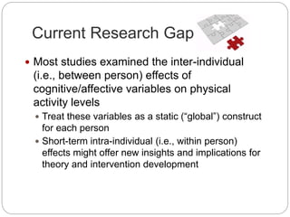 Current Research Gap
 Most studies examined the inter-individual
(i.e., between person) effects of
cognitive/affective variables on physical
activity levels
 Treat these variables as a static (“global”) construct
for each person
 Short-term intra-individual (i.e., within person)
effects might offer new insights and implications for
theory and intervention development
 