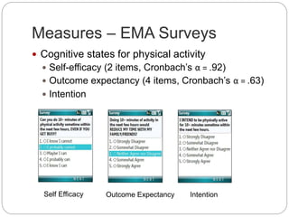 Measures – EMA Surveys
 Cognitive states for physical activity
 Self-efficacy (2 items, Cronbach’s α = .92)
 Outcome expectancy (4 items, Cronbach’s α = .63)
 Intention
Self Efficacy Outcome Expectancy Intention
 