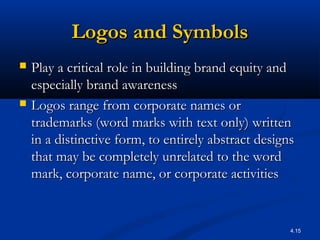 4.15
Logos and SymbolsLogos and Symbols
 Play a critical role in building brand equity andPlay a critical role in building brand equity and
especially brand awarenessespecially brand awareness
 Logos range from corporate names orLogos range from corporate names or
trademarks (word marks with text only) writtentrademarks (word marks with text only) written
in a distinctive form, to entirely abstract designsin a distinctive form, to entirely abstract designs
that may be completely unrelated to the wordthat may be completely unrelated to the word
mark, corporate name, or corporate activitiesmark, corporate name, or corporate activities
 