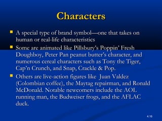 4.16
CharactersCharacters
 A special type of brand symbol—one that takes onA special type of brand symbol—one that takes on
human or real-life characteristicshuman or real-life characteristics
 Some are animated like Pillsbury’s Poppin’ FreshSome are animated like Pillsbury’s Poppin’ Fresh
Doughboy, Peter Pan peanut butter’s character, andDoughboy, Peter Pan peanut butter’s character, and
numerous cereal characters such as Tony the Tiger,numerous cereal characters such as Tony the Tiger,
Cap’n Crunch, and Snap, Crackle & Pop.Cap’n Crunch, and Snap, Crackle & Pop.
 Others are live-action figures like Juan ValdezOthers are live-action figures like Juan Valdez
(Colombian coffee), the Maytag repairman, and Ronald(Colombian coffee), the Maytag repairman, and Ronald
McDonald. Notable newcomers include the AOLMcDonald. Notable newcomers include the AOL
running man, the Budweiser frogs, and the AFLACrunning man, the Budweiser frogs, and the AFLAC
duck.duck.
 