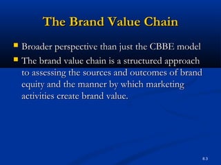 8.3
The Brand Value ChainThe Brand Value Chain
 Broader perspective than just the CBBE modelBroader perspective than just the CBBE model
 The brand value chain is a structured approachThe brand value chain is a structured approach
to assessing the sources and outcomes of brandto assessing the sources and outcomes of brand
equity and the manner by which marketingequity and the manner by which marketing
activities create brand value.activities create brand value.
 