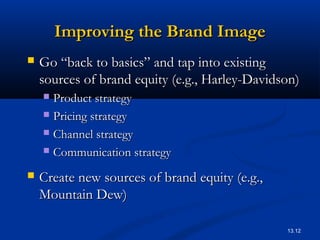 13.12
Improving the Brand ImageImproving the Brand Image
 Go “back to basics” and tap into existingGo “back to basics” and tap into existing
sources of brand equity (e.g., Harley-Davidson)sources of brand equity (e.g., Harley-Davidson)
 Product strategyProduct strategy
 Pricing strategyPricing strategy
 Channel strategyChannel strategy
 Communication strategyCommunication strategy
 Create new sources of brand equity (e.g.,Create new sources of brand equity (e.g.,
Mountain Dew)Mountain Dew)
 