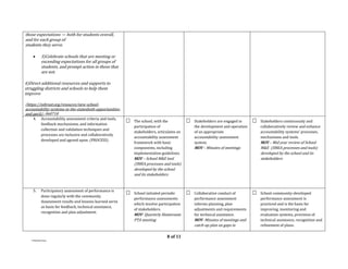 8 of 11
FTAD/JPE/marjo
those expectations — both for students overall,
and for each group of
students they serve.
 3)Celebrate schools that are meeting or
exceeding expectations for all groups of
students, and prompt action in those that
are not.
4)Direct additional resources and supports to
struggling districts and schools to help them
improve
(https://edtrust.org/resource/new-school-
accountability-systems-in-the-statesboth-opportunities-
and-peril/- 060718
4. Accountability assessment criteria and tools,
feedback mechanisms, and information
collection and validation techniques and
processes are inclusive and collaboratively
developed and agreed upon. (PROCESS)
 The school, with the
participation of
stakeholders, articulates an
accountability assessment
framework with basic
components, including
implementation guidelines.
MOV – School M&E tool
(SMEA processes and tools)
developed by the school
and its stakeholders
 Stakeholders are engaged in
the development and operation
of an appropriate
accountability assessment
system.
MOV – Minutes of meetings
 Stakeholders continuously and
collaboratively review and enhance
accountability systems’ processes,
mechanisms and tools.
MOV – Mid year review of School
M&E (SMEA processes and tools)
developed by the school and its
stakeholders
5. Participatory assessment of performance is
done regularly with the community.
Assessment results and lessons learned serve
as basis for feedback, technical assistance,
recognition and plan adjustment.
 School initiated periodic
performance assessments
which involve participation
of stakeholders.
MOV- Quarterly Homeroom
PTA meeting
 Collaborative conduct of
performance assessment
informs planning, plan
adjustments and requirements
for technical assistance.
MOV- Minutes of meetings and
catch-up plan on gaps in
 School-community-developed
performance assessment is
practiced and is the basis for
improving, monitoring and
evaluation systems, provision of
technical assistance, recognition and
refinement of plans.
 
