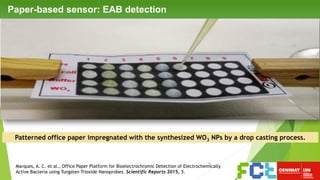 Paper-based sensor: EAB detection
72
Patterned office paper impregnated with the synthesized WO3 NPs by a drop casting process.
Marques, A. C. et al., Office Paper Platform for Bioelectrochromic Detection of Electrochemically
Active Bacteria using Tungsten Trioxide Nanoprobes. Scientific Reports 2015, 5.
 