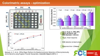 Colorimetric assays - optimization
10 µL 15 g/L h - WO3 NPs
20 µL Gs and E. coli
Well diameter: 3.38 mm
15 g/L: linear response
EAB detection at latent phase
Response time ~ 2 hours
[Gs]
[WO3NPs]
Marques, A. C. et al., Office Paper Platform for Bioelectrochromic Detection of Electrochemically
Active Bacteria using Tungsten Trioxide Nanoprobes. Scientific Reports 2015, 5.
 