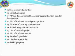 7.1 SSG sponsored activities 
7.2 School Activities 
7.3 NSCES Revised school based management action plan for 
development 
7.4 List of student’s investigatory projects 
7.5 Pictures of learning environement 
7.6 School programs and invitation 
7.7 List of research project 
7.8 List of student’s journal 
7.9 Teacher’s portfolio 
7.10 Student’s portfolio 
7.11 DARE program 
 