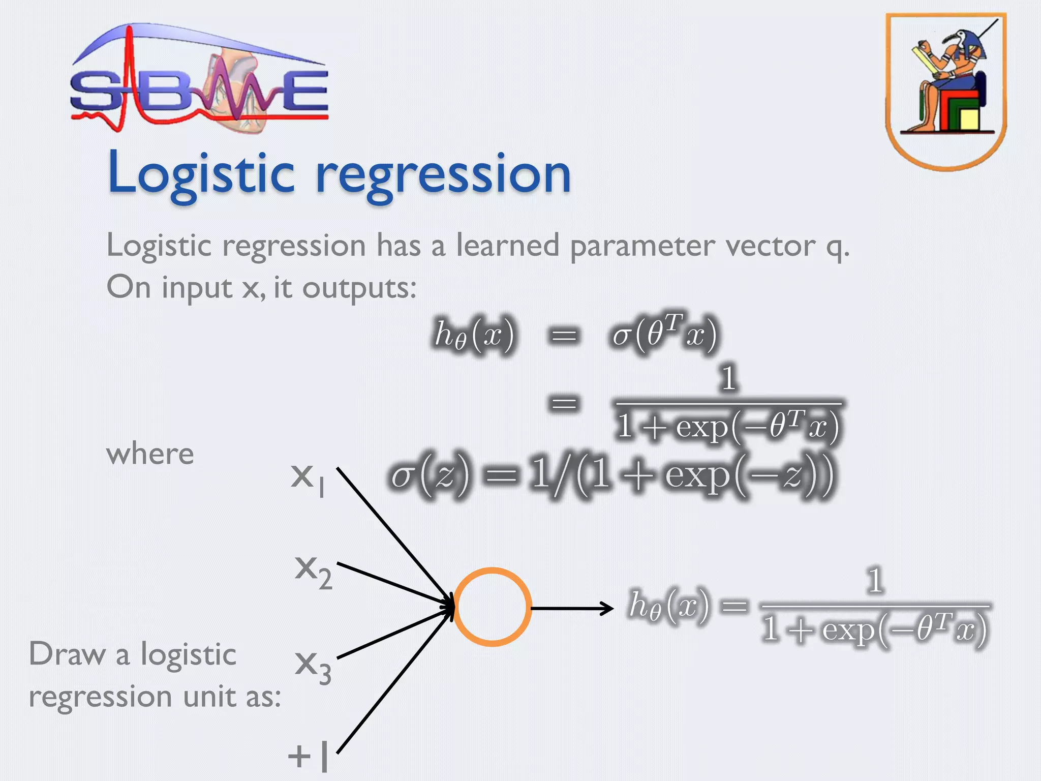 Logistic regression has a learned parameter vector q.
On input x, it outputs:
where
Logistic regression
x1
x2
x3
+1
Draw a logistic
regression unit as:
 