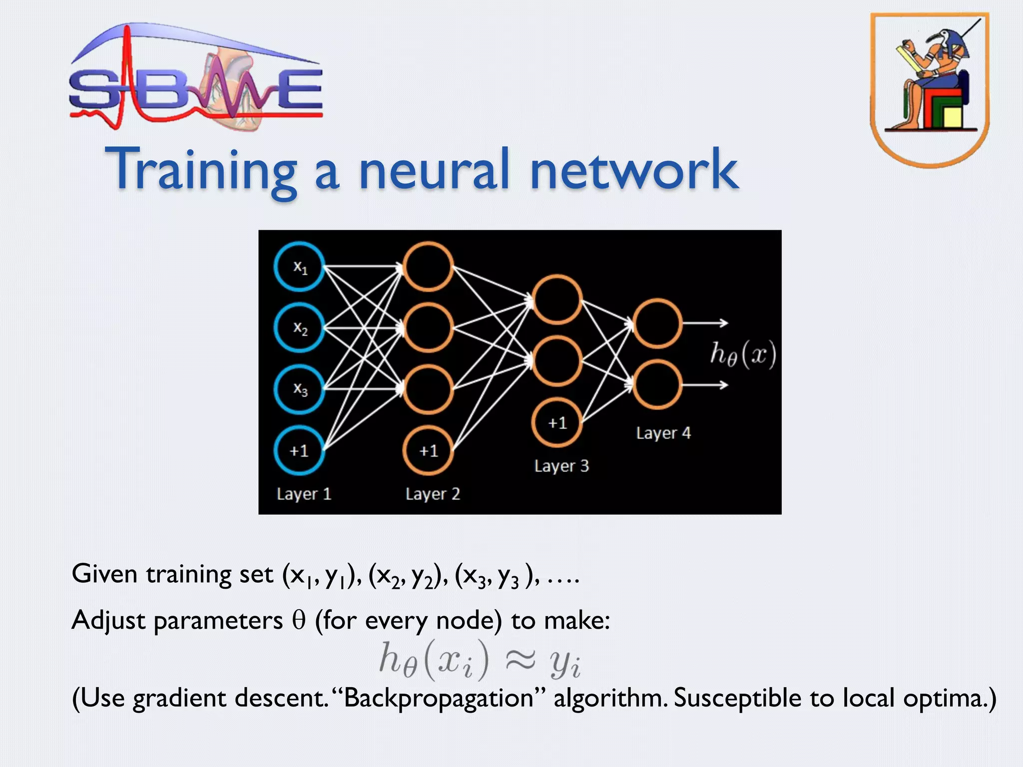 Training a neural network
Given training set (x1, y1), (x2, y2), (x3, y3 ), ….
Adjust parameters q (for every node) to make:
(Use gradient descent.“Backpropagation” algorithm. Susceptible to local optima.)
 