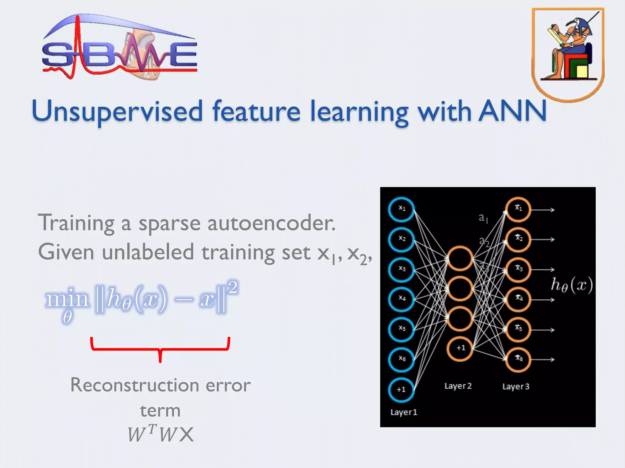 Training a sparse autoencoder.
Given unlabeled training set x1, x2,
Unsupervised feature learning with ANN
Reconstruction error
term
𝑊" 𝑊X
a1
a2
a3
 