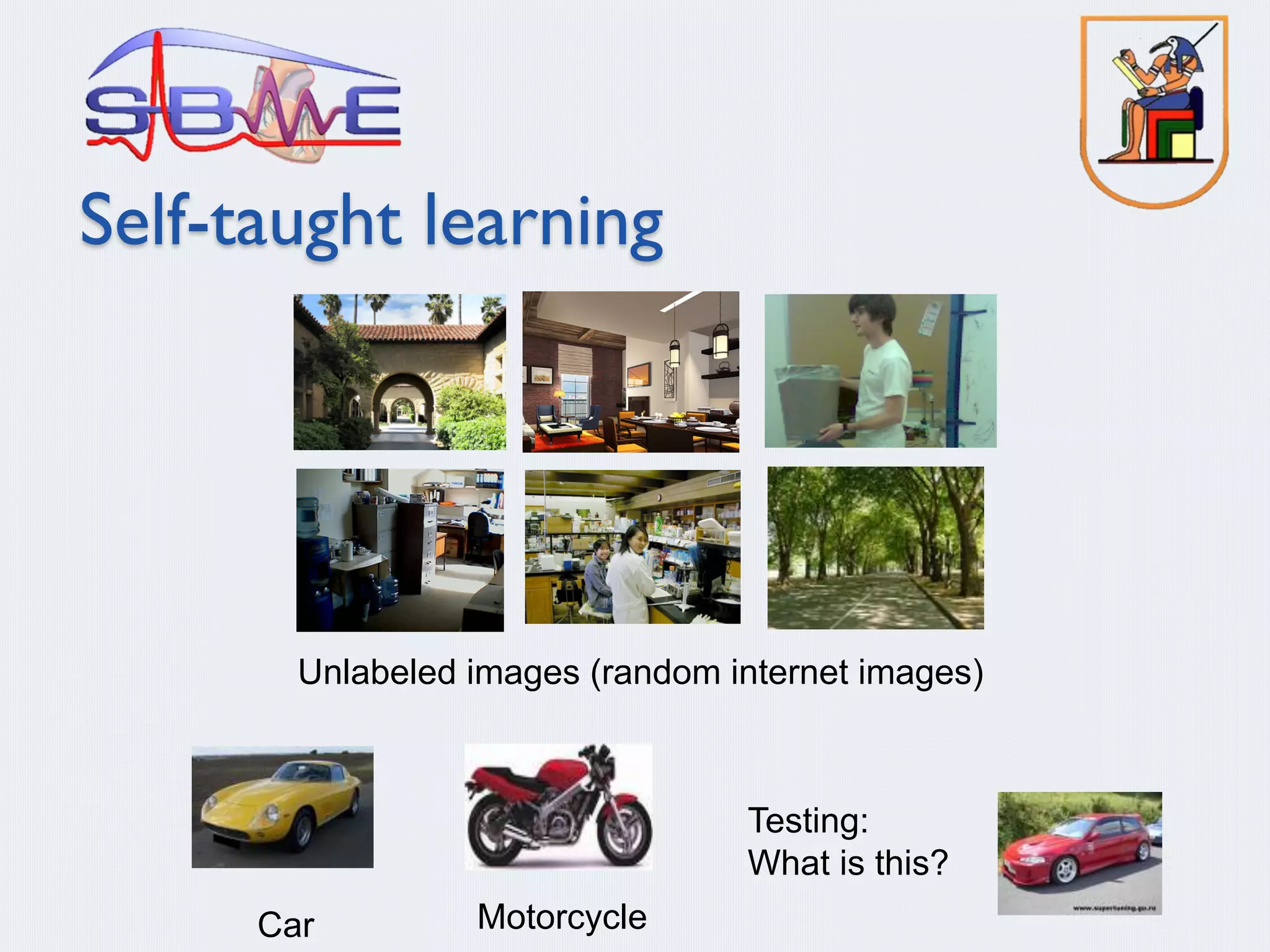 Self-taught learning
Testing:
What is this?
Car Motorcycle
Unlabeled images (random internet images)
 