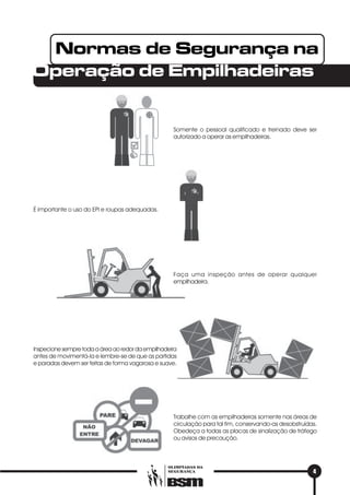 4
OLIMPÍADAS DA
SEGURANÇA
Normas de Segurança na
Operação de Empilhadeiras
Somente o pessoal qualificado e treinado deve ser
autorizado a operar as empilhadeiras.
É importante o uso do EPI e roupas adequadas.
Faça uma inspeção antes de operar qualquer
empilhadeira.
Inspecione sempre toda a área ao redor da empilhadeira
antes de movimentá-la e lembre-se de que as partidas
e paradas devem ser feitas de forma vagarosa e suave.
Trabalhe com as empilhadeiras somente nas áreas de
circulação para tal fim, conservando-as desobstruídas.
Obedeça a todas as placas de sinalização de tráfego
ou avisos de precaução.
 
