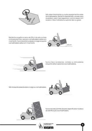 5
OLIMPÍADAS DA
SEGURANÇA
Nunca exceda os limites de peso especificados na placa
de identificação da empilhadeira.
Mantenha os garfos a cerca de 20cm do solo e a torre
inclinada para trás, quando a empilhadeira estiver em
movimento. Nunca levante ou abaixe a carga enquanto
a empilhadeira estiver em movimento.
Não deixe ferramentas ou outros equipamentos sobre
as empilhadeiras. Mantenha desobstruído o acesso para
os pedais e, para maior segurança, nunca a opere com
os pés e mãos molhados ou sujos de óleo ou graxa.
Não transporte pessoal sobre a carga ou a empilhadeira.
Nunca faça acrobacias, corridas ou brincadeiras
enquanto estiver operando as empilhadeiras.
20 cm
 